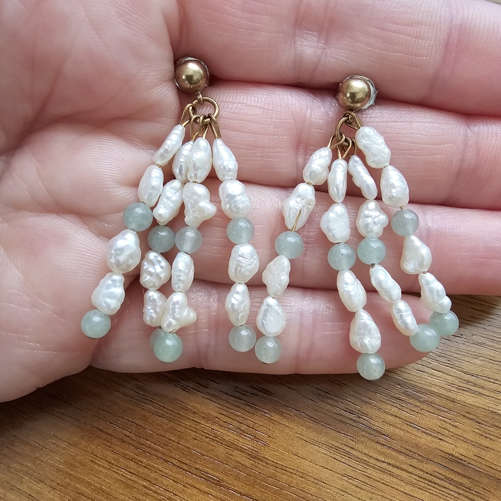 Boho Freshwater Rice Pearl Chandelier Earrings with Green Aventurine Accents